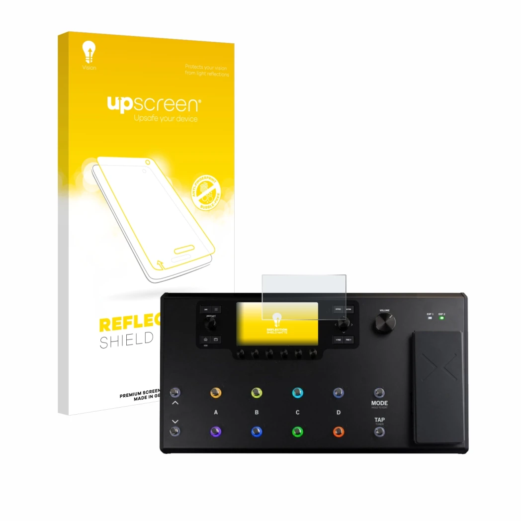 Parte frontal de un envase de producto con el logotipo de la marca upscreen. Al lado se muestra el dispositivo Line 6 Helix LT