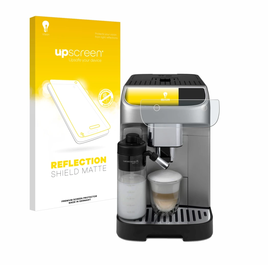 Parte frontal de un envase de producto con el logotipo de la marca upscreen. Al lado se muestra el dispositivo DeLonghi Magnif