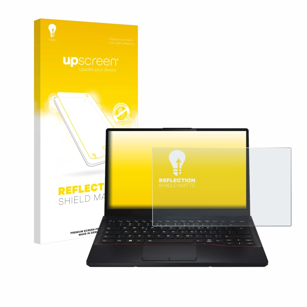 Parte frontal de un envase de producto con el logotipo de la marca upscreen. Al lado se muestra el dispositivo Fujitsu Lifeboo