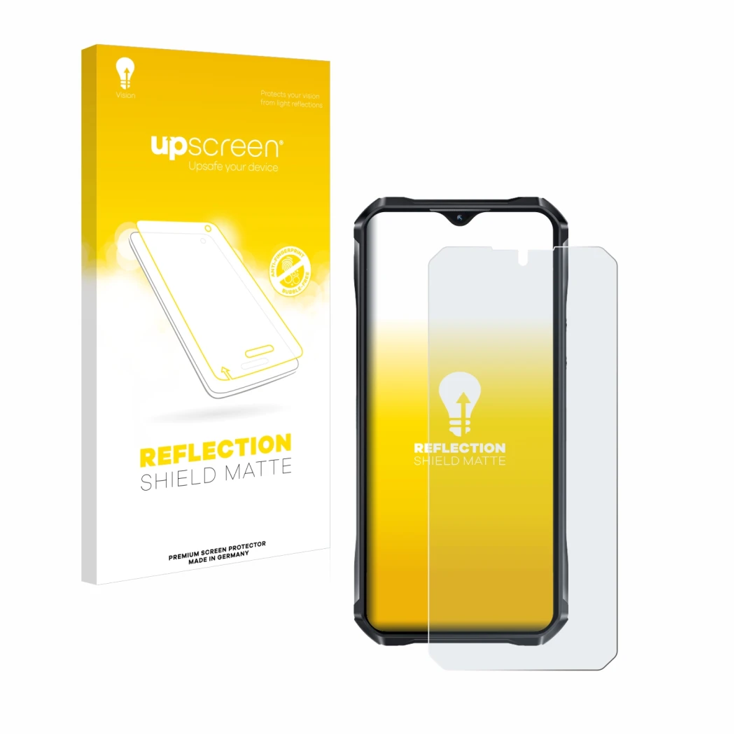 Parte frontal de un envase de producto con el logotipo de la marca upscreen. Al lado se muestra el dispositivo Oukitel WP33 Pr