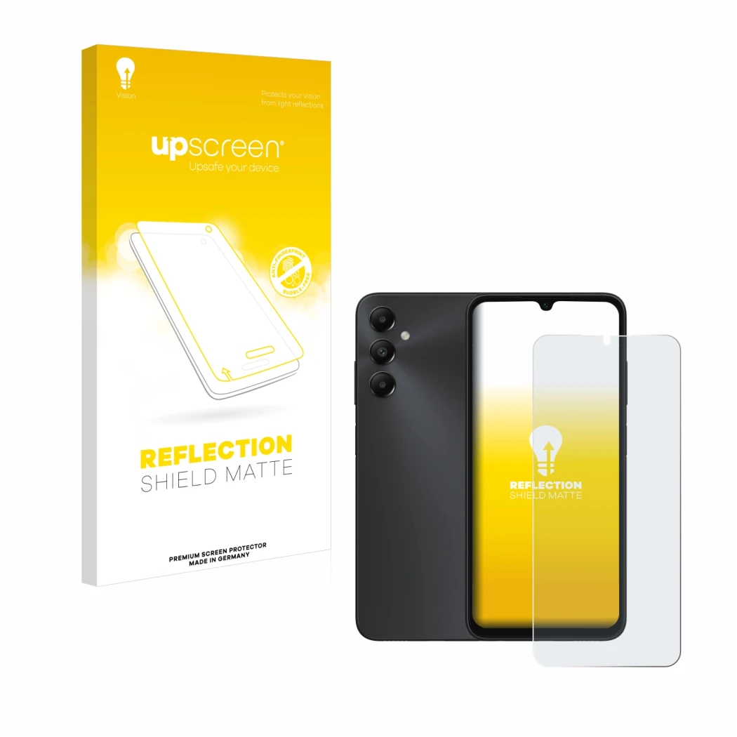 Parte frontal de un envase de producto con el logotipo de la marca upscreen. Al lado se muestra el dispositivo Samsung Galaxy 