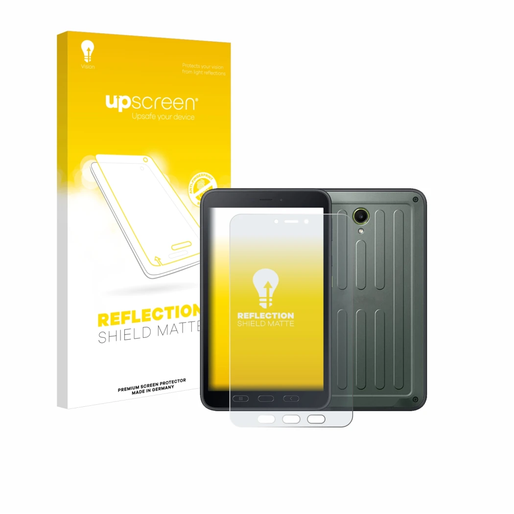 Parte frontal de un envase de producto con el logotipo de la marca upscreen. Al lado se muestra el dispositivo Samsung Galaxy 