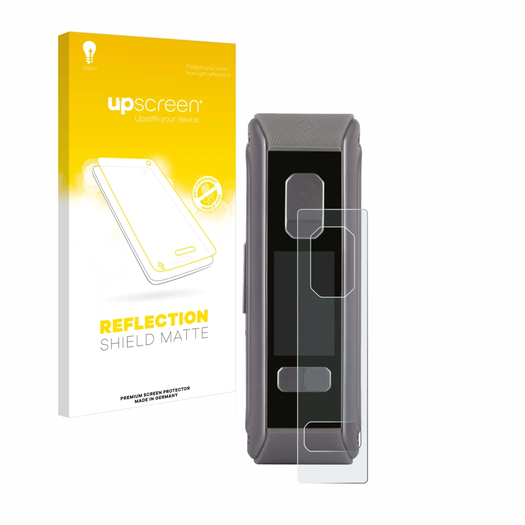 Parte frontal de un envase de producto con el logotipo de la marca upscreen. Al lado se muestra el dispositivo GeekVape Aegis