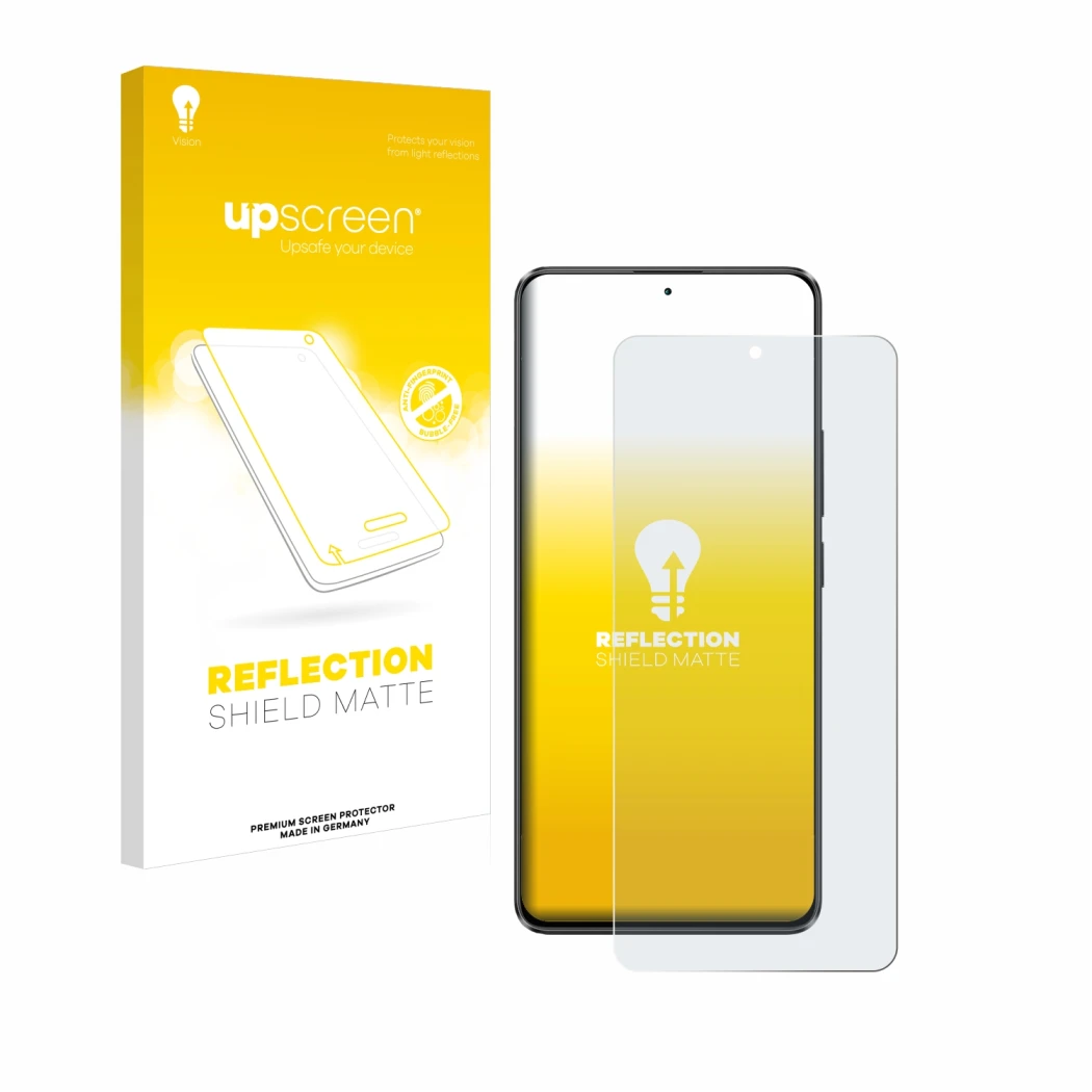 Parte frontal de un envase de producto con el logotipo de la marca upscreen. Al lado se muestra el dispositivo Xiaomi Poco X6