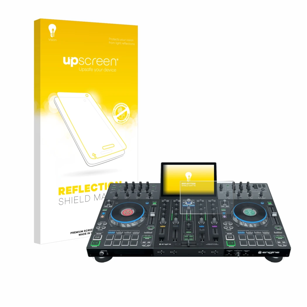 Parte frontal de un envase de producto con el logotipo de la marca upscreen. Al lado se muestra el dispositivo Denon DJ Prime
