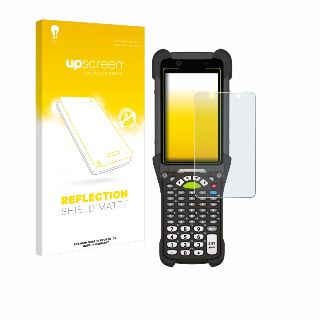 Parte frontal de un envase de producto con el logotipo de la marca upscreen. Al lado se muestra el dispositivo Zebra MC9400 co