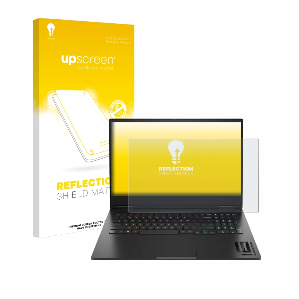 Parte frontal de un envase de producto con el logotipo de la marca upscreen. Al lado se muestra el dispositivo HP Omen 16 2024