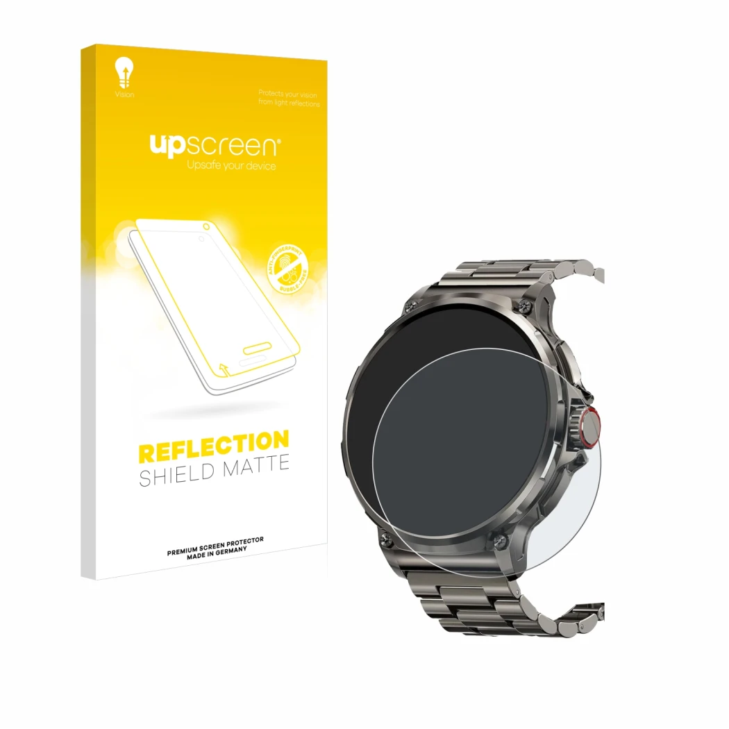 Parte frontal de un envase de producto con el logotipo de la marca upscreen. Al lado se muestra el dispositivo Tesofit Smartwa