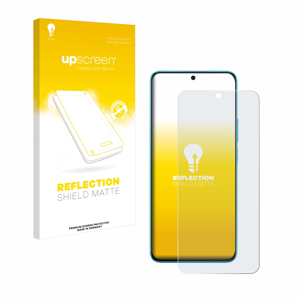 Parte frontal de un envase de producto con el logotipo de la marca upscreen. Al lado se muestra el dispositivo Honor X8A con s