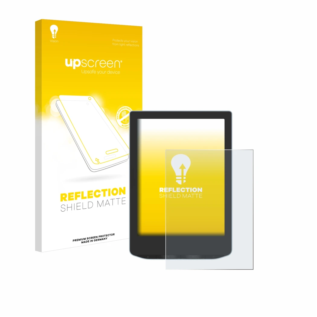 Parte frontal de un envase de producto con el logotipo de la marca upscreen. Al lado se muestra el dispositivo Vivlio Light co