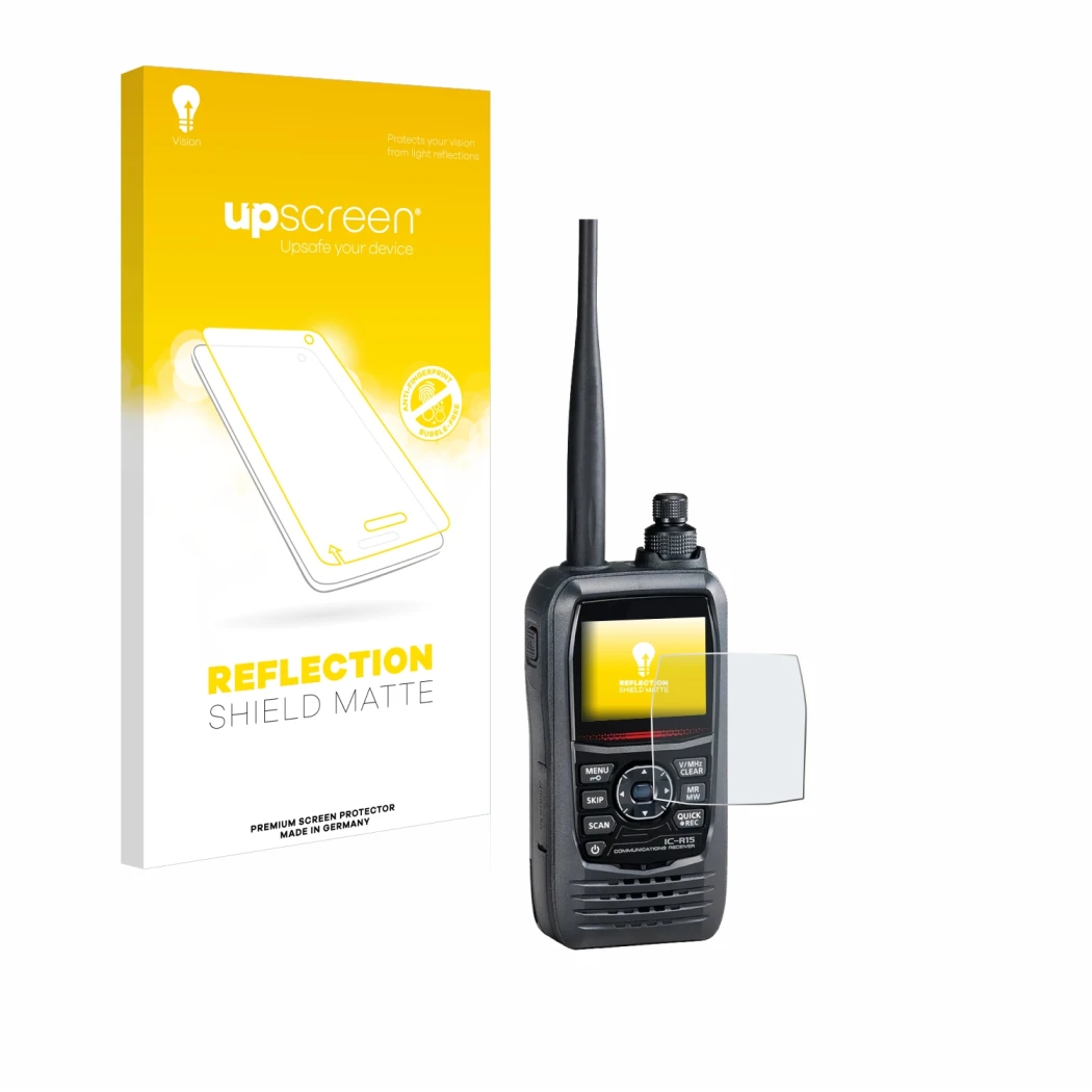 Parte frontal de un envase de producto con el logotipo de la marca upscreen. Al lado se muestra el dispositivo Icom IC-R15 con