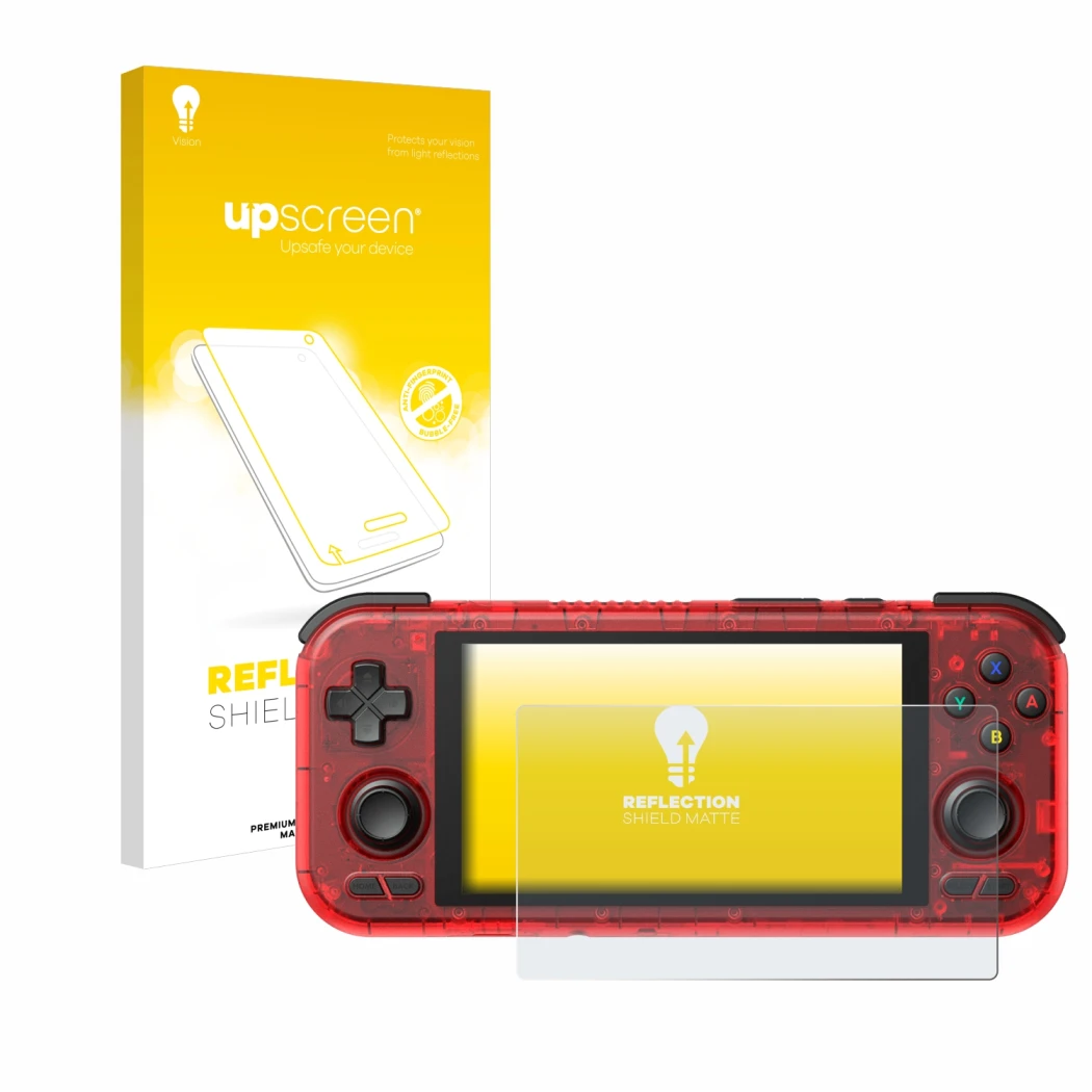 Parte frontal de un envase de producto con el logotipo de la marca upscreen. Al lado se muestra el dispositivo Retroid Pocket