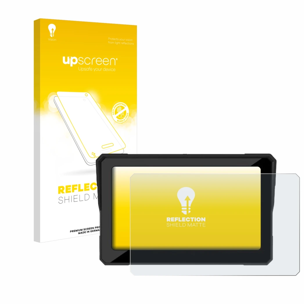 Parte frontal de un envase de producto con el logotipo de la marca upscreen. Al lado se muestra el dispositivo Carpuride W702 