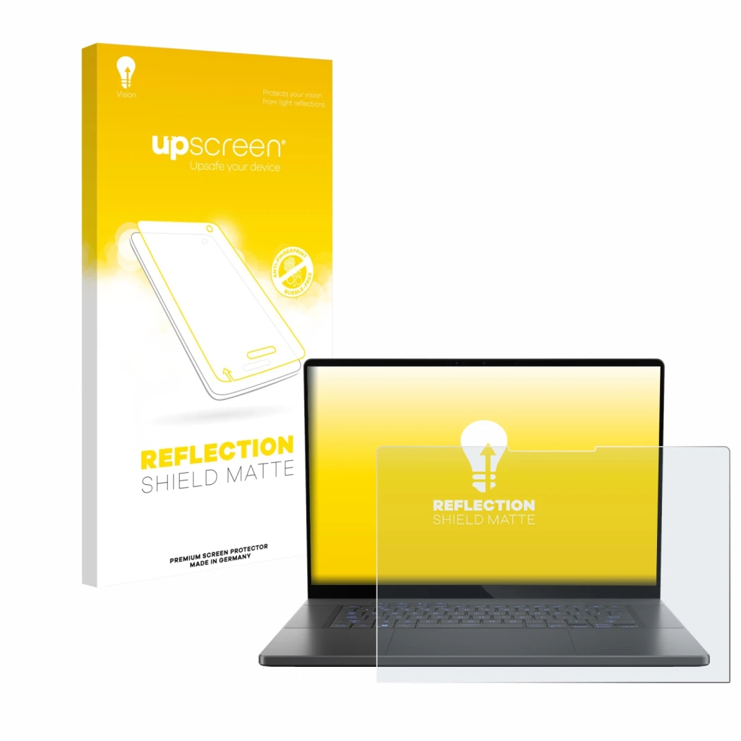 Parte frontal de un envase de producto con el logotipo de la marca upscreen. Al lado se muestra el dispositivo ASUS ROG Zephyr