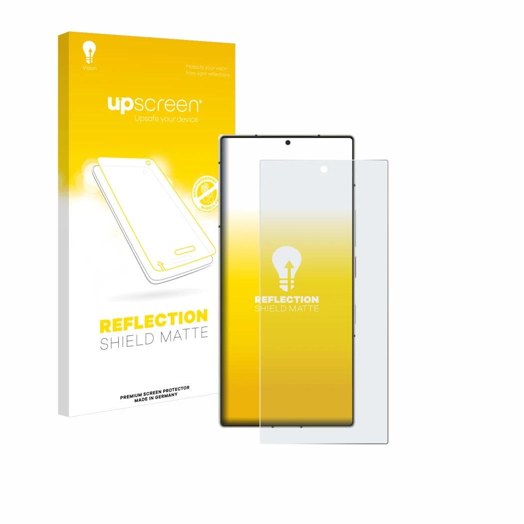 Parte frontal de un envase de producto con el logotipo de la marca upscreen. Al lado se muestra el dispositivo Nubia Z60 Ultra