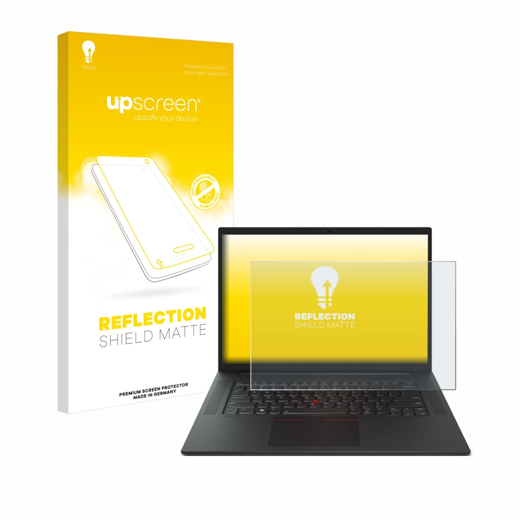 Parte frontal de un envase de producto con el logotipo de la marca upscreen. Al lado se muestra el dispositivo Lenovo ThinkPad