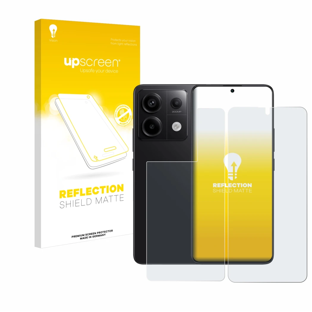 Parte frontal de un envase de producto con el logotipo de la marca upscreen. Al lado se muestra el dispositivo Xiaomi Redmi No