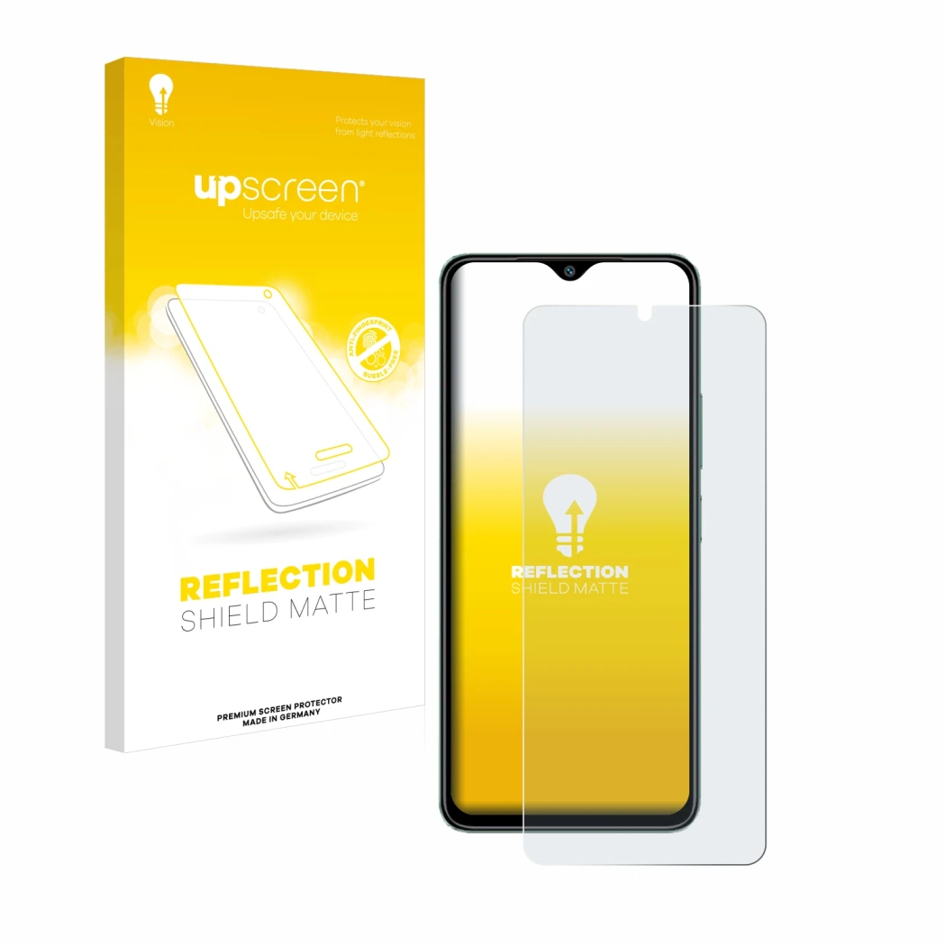 Parte frontal de un envase de producto con el logotipo de la marca upscreen. Al lado se muestra el dispositivo Xiaomi Redmi A3