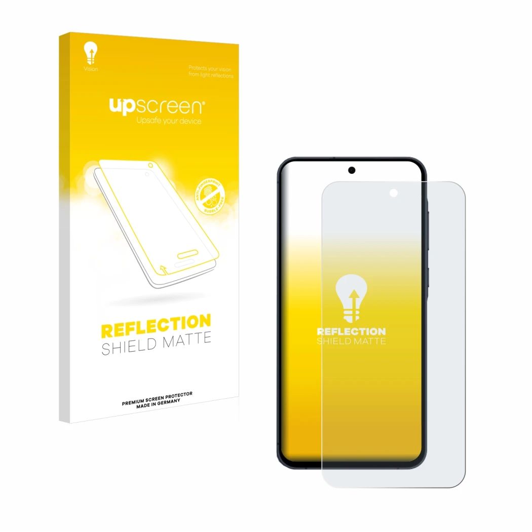 Parte frontal de un envase de producto con el logotipo de la marca upscreen. Al lado se muestra el dispositivo Samsung Galaxy 