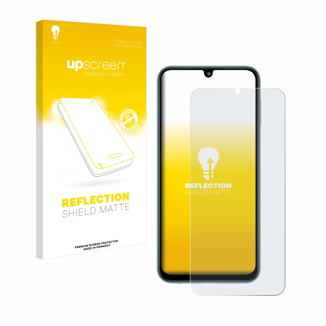 Parte frontal de un envase de producto con el logotipo de la marca upscreen. Al lado se muestra el dispositivo Samsung Galaxy