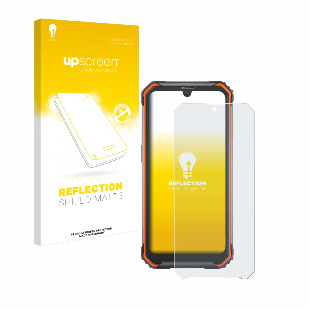 Parte frontal de un envase de producto con el logotipo de la marca upscreen. Al lado se muestra el dispositivo Blackview BV720