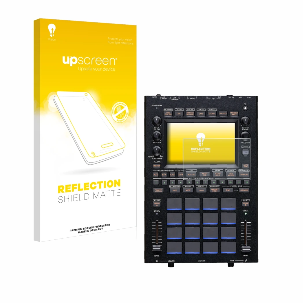 Parte frontal de un envase de producto con el logotipo de la marca upscreen. Al lado se muestra el dispositivo KORG KAOSS Repl