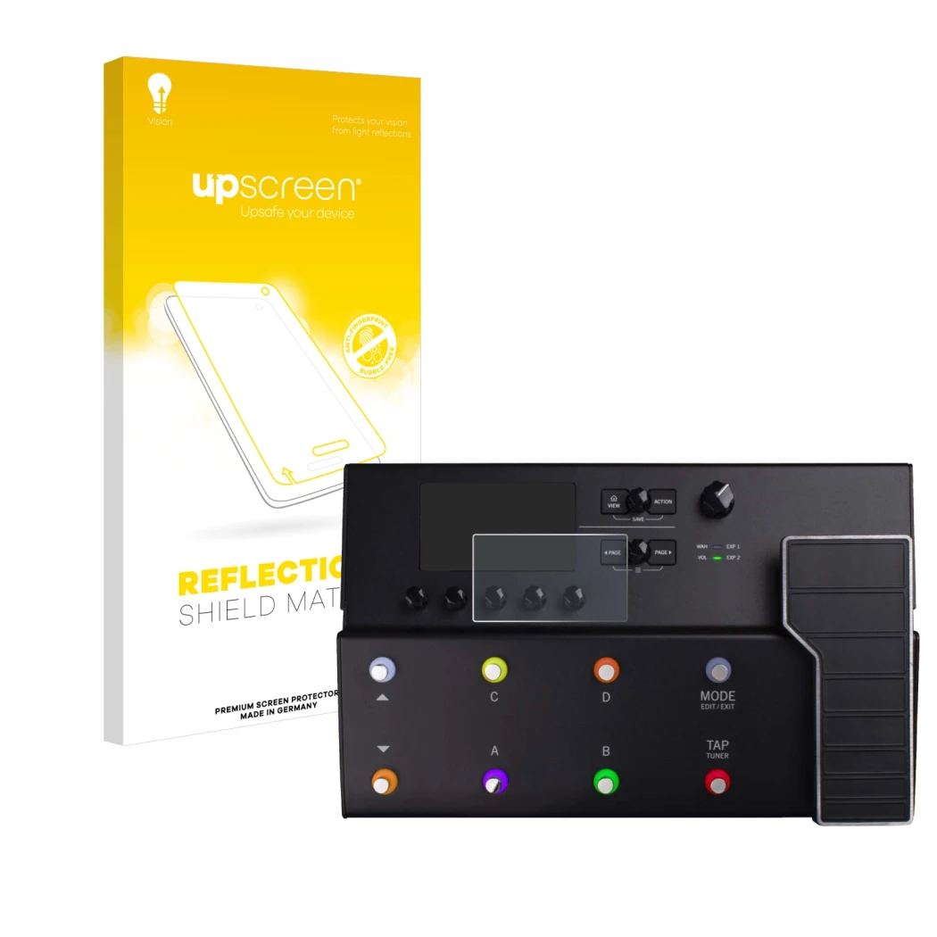 Parte frontal de un envase de producto con el logotipo de la marca upscreen. Al lado se muestra el dispositivo Line 6 POD GO c
