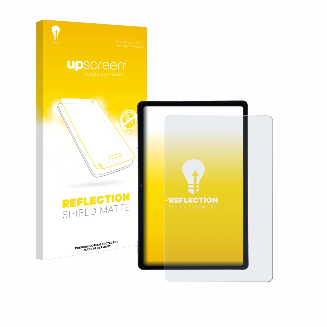 Parte frontal de un envase de producto con el logotipo de la marca upscreen. Al lado se muestra el dispositivo AGM Pad P2 con 