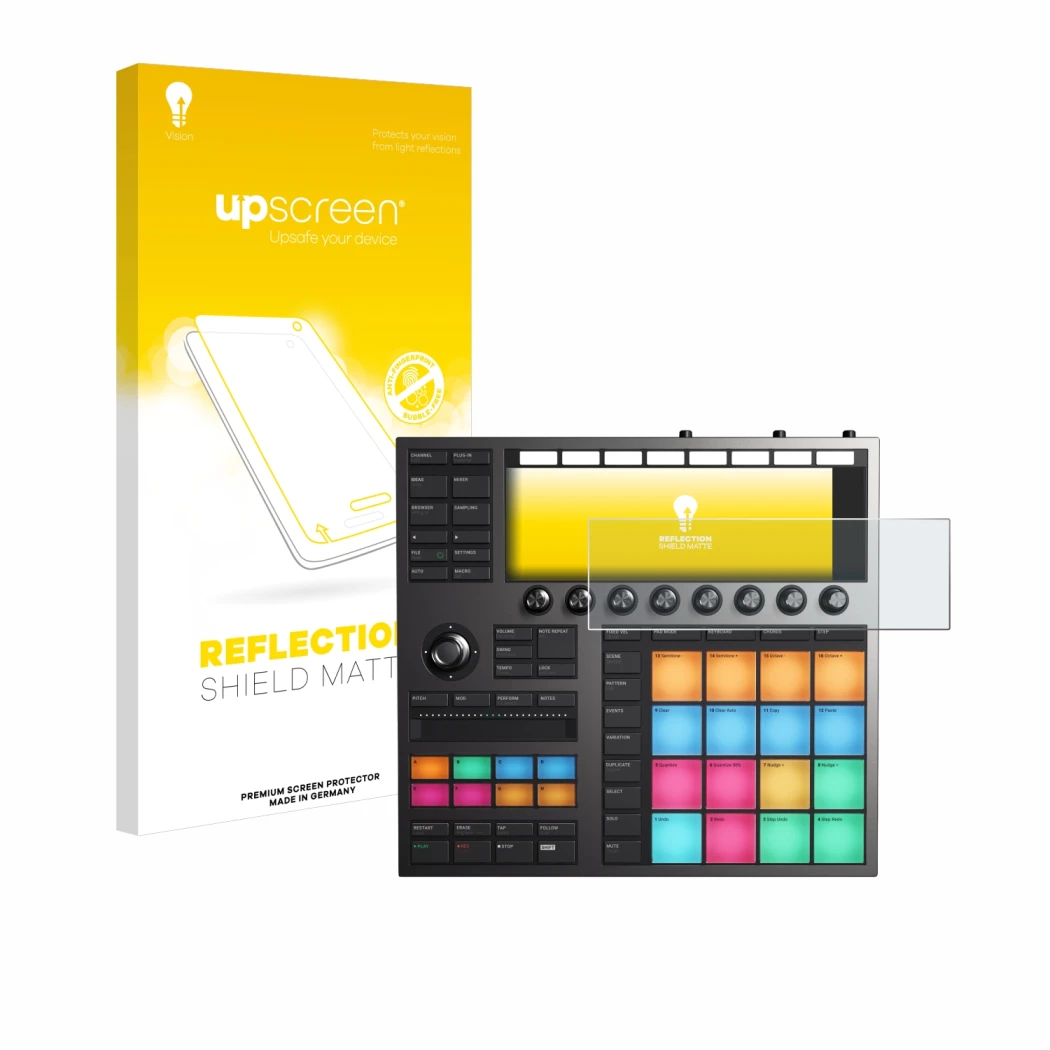 Parte frontal de un envase de producto con el logotipo de la marca upscreen. Al lado se muestra el dispositivo Native Instrume