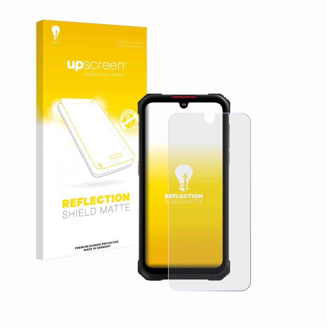 Parte frontal de un envase de producto con el logotipo de la marca upscreen. Al lado se muestra el dispositivo Hotwav Cyber 9