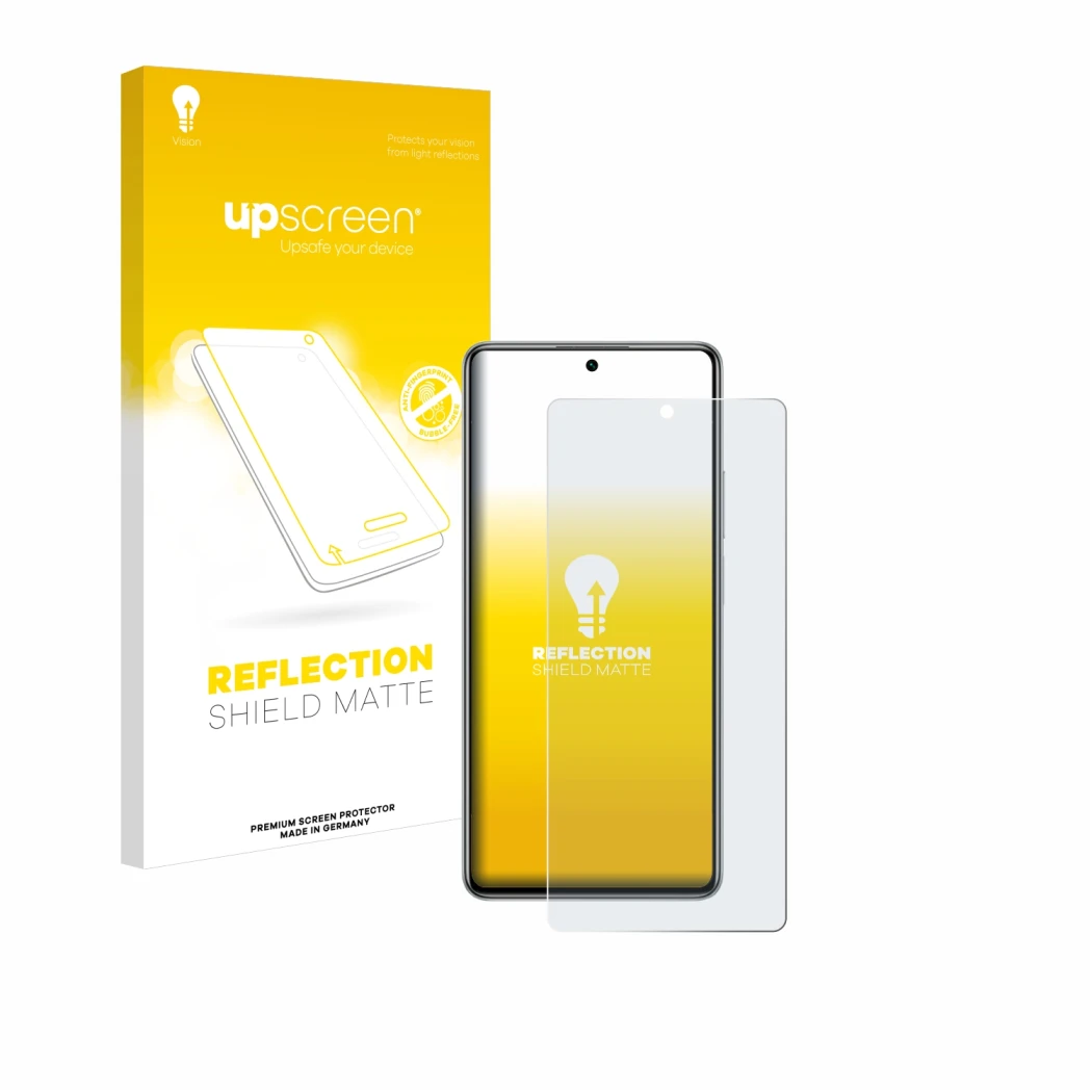 Parte frontal de un envase de producto con el logotipo de la marca upscreen. Al lado se muestra el dispositivo Xiaomi 11T 5G c