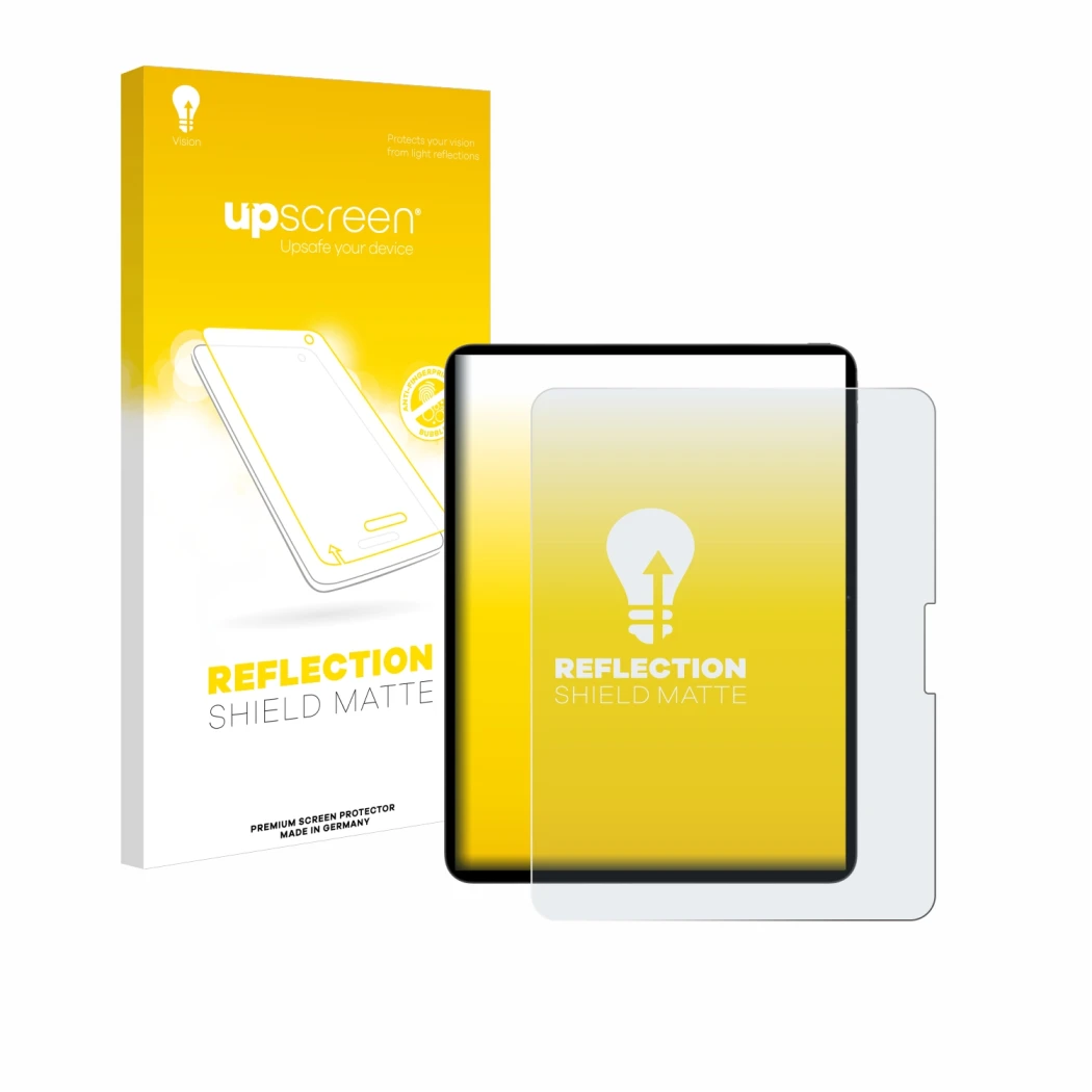 Parte frontal de un envase de producto con el logotipo de la marca upscreen. Al lado se muestra el dispositivo Apple iPad Pro 