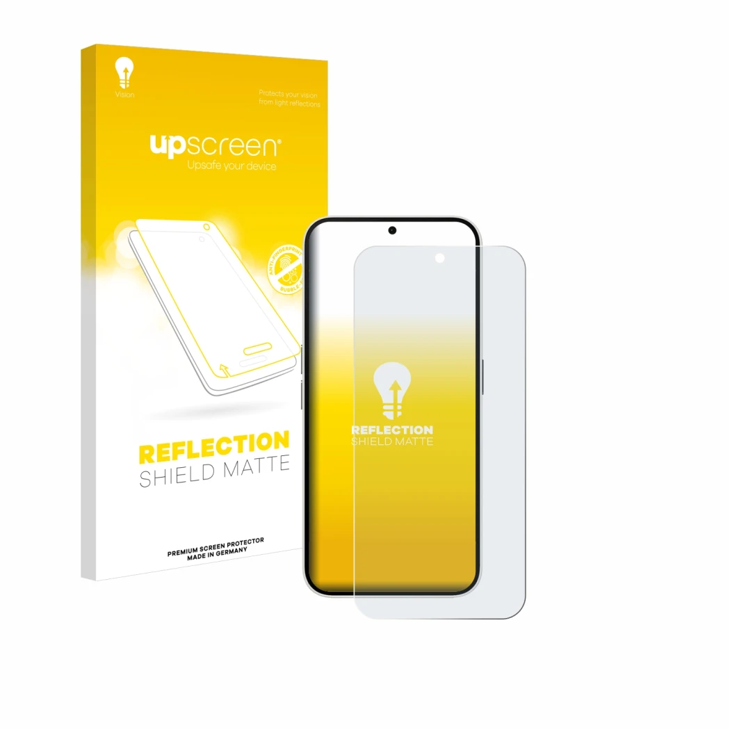 Parte frontal de un envase de producto con el logotipo de la marca upscreen. Al lado se muestra el dispositivo Nothing Phone (