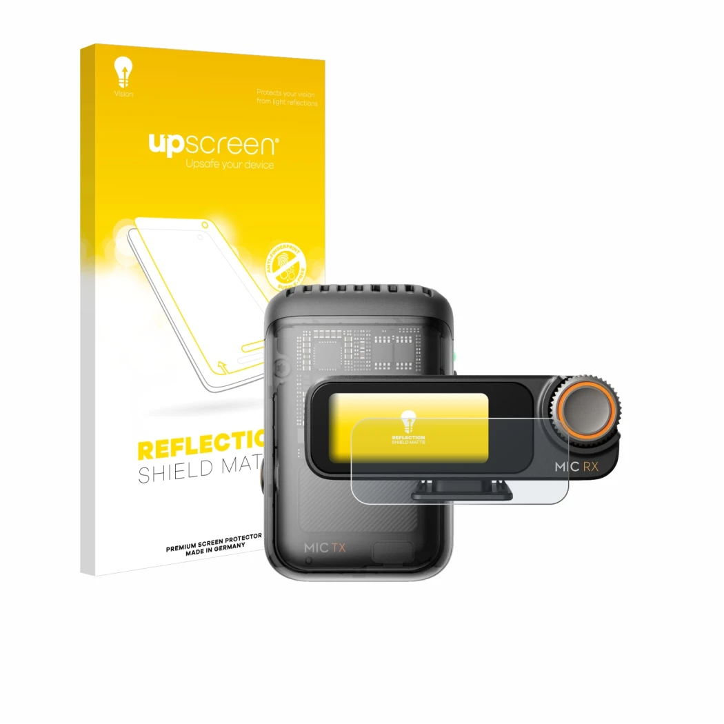 Parte frontal de un envase de producto con el logotipo de la marca upscreen. Al lado se muestra el dispositivo DJI Mic 2 (Rece