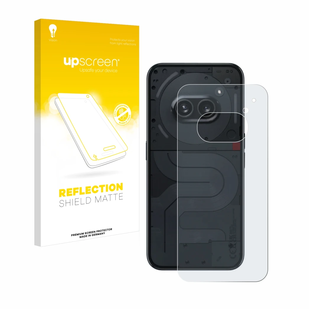 Parte frontal de un envase de producto con el logotipo de la marca upscreen. Al lado se muestra el dispositivo Nothing Phone (