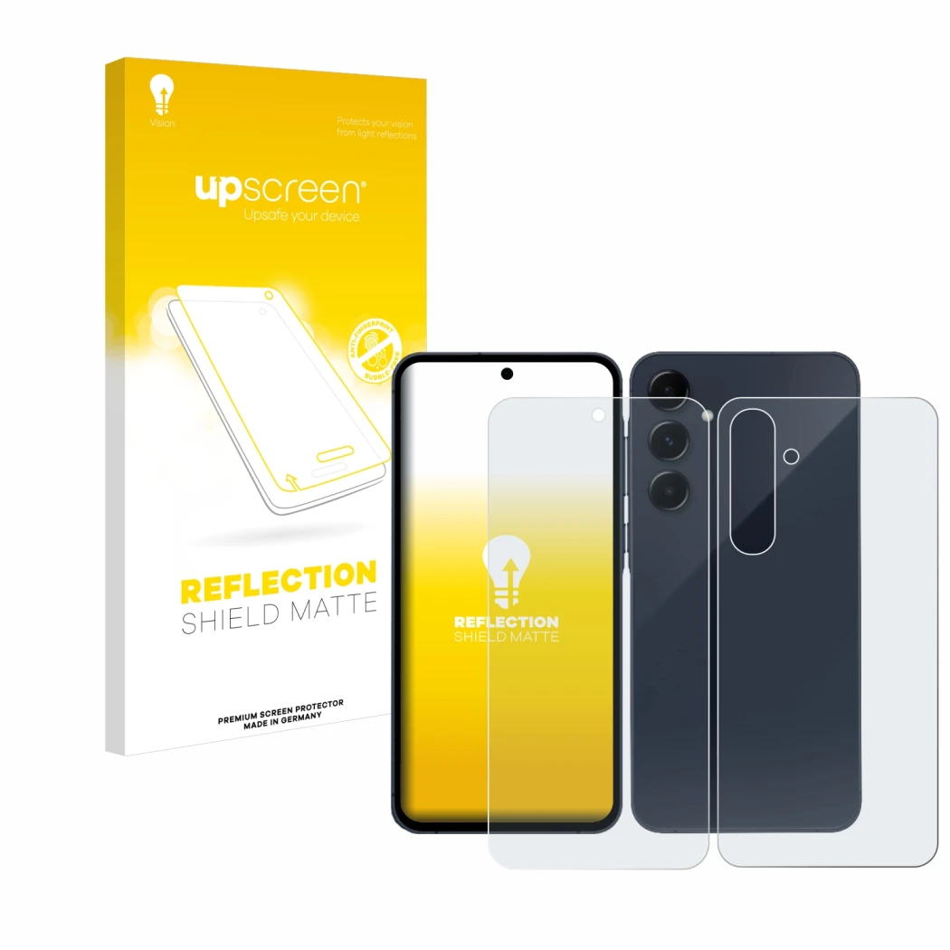 Parte frontal de un envase de producto con el logotipo de la marca upscreen. Al lado se muestra el dispositivo Samsung Galaxy
