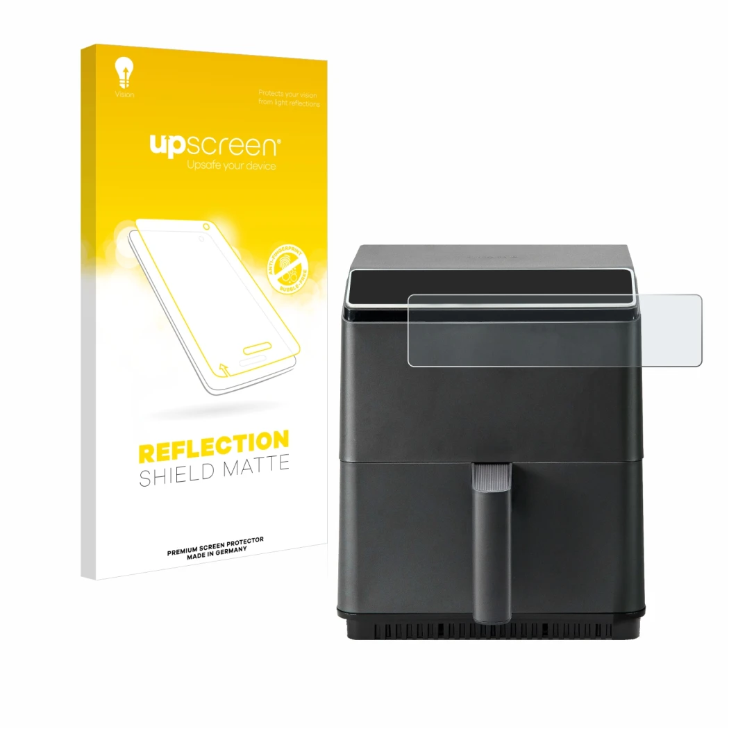 Parte frontal de un envase de producto con el logotipo de la marca upscreen. Al lado se muestra el dispositivo Cosori CAF-P583