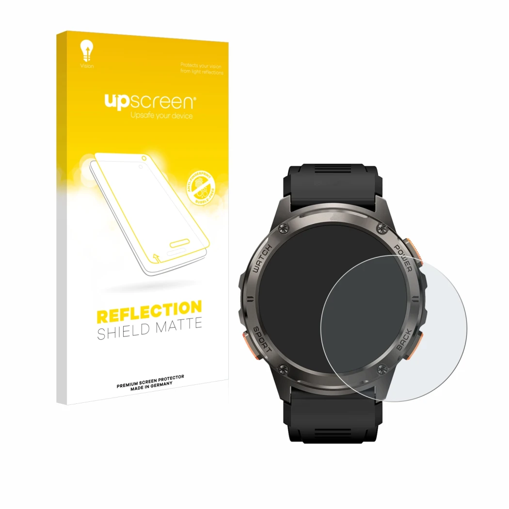 Parte frontal de un envase de producto con el logotipo de la marca upscreen. Al lado se muestra el dispositivo Kospet Tank T3