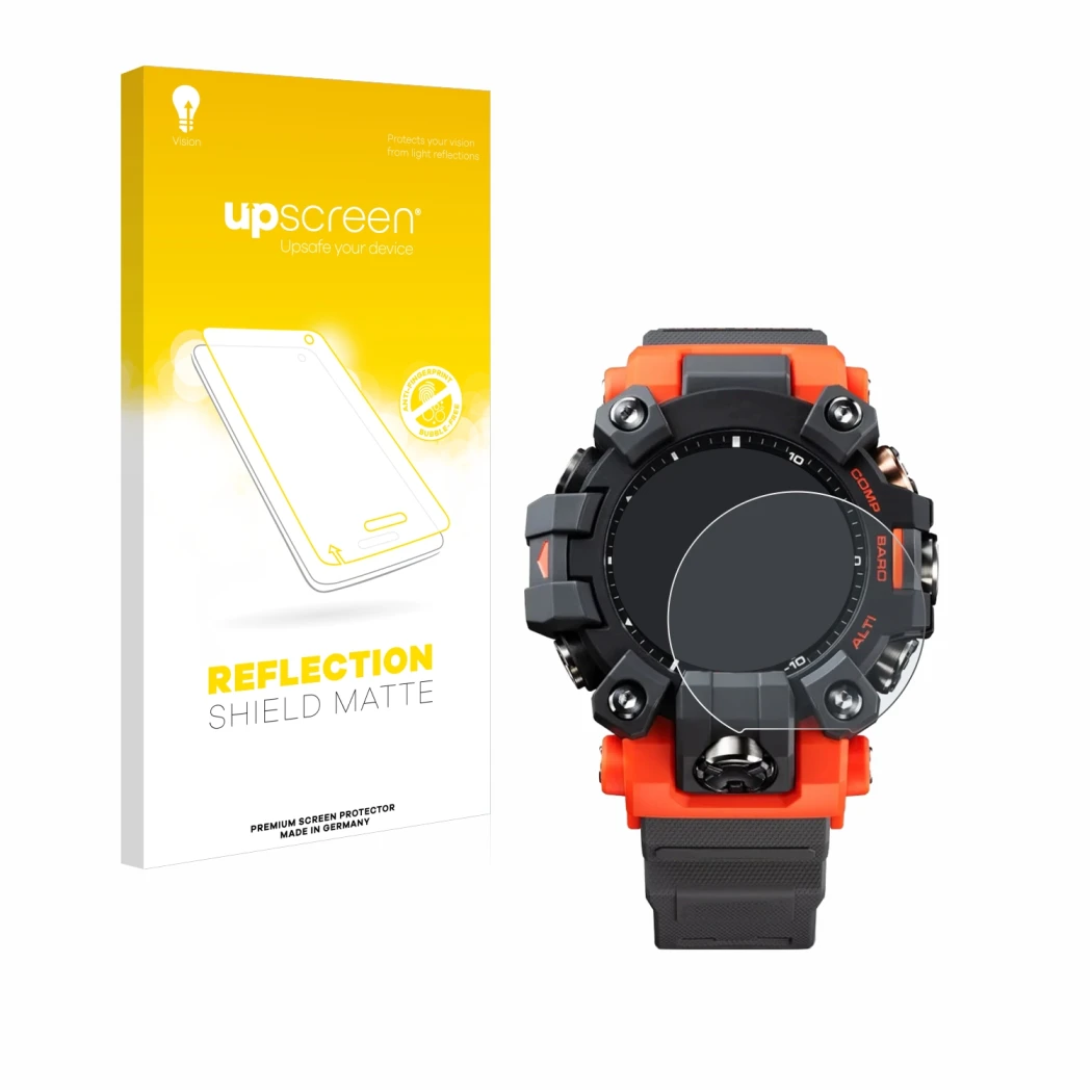 Parte frontal de un envase de producto con el logotipo de la marca upscreen. Al lado se muestra el dispositivo Casio G-Shock G