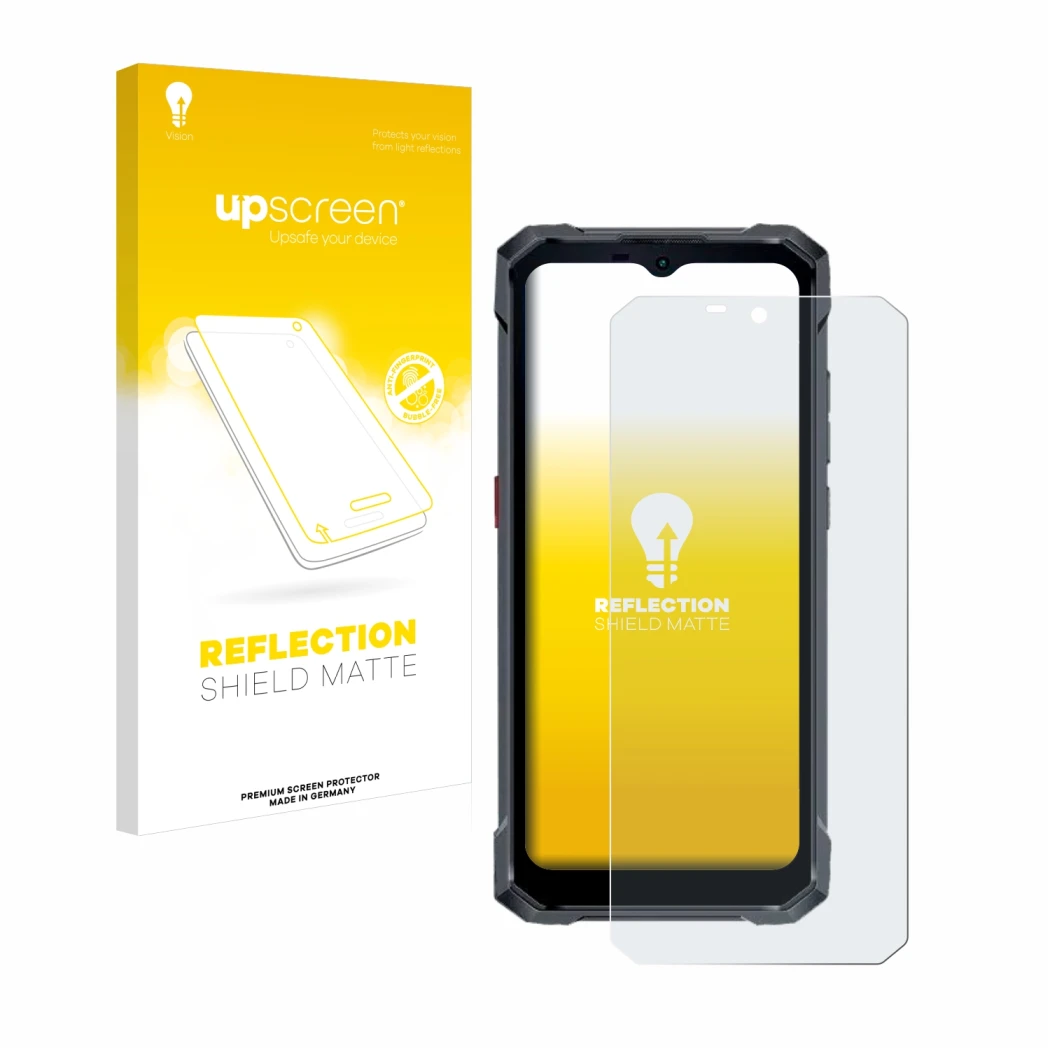 Parte frontal de un envase de producto con el logotipo de la marca upscreen. Al lado se muestra el dispositivo Hotwav W11 con