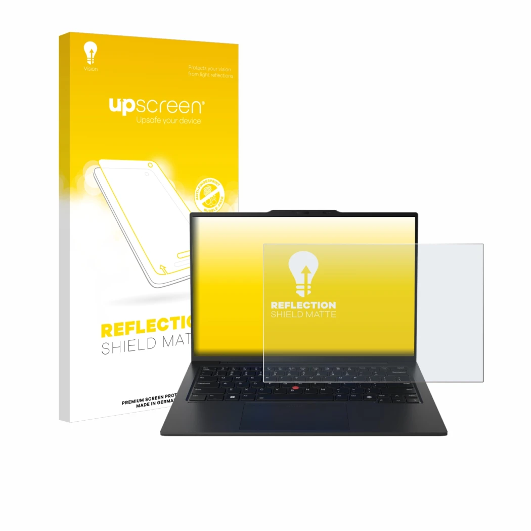 Parte frontal de un envase de producto con el logotipo de la marca upscreen. Al lado se muestra el dispositivo Lenovo ThinkPad