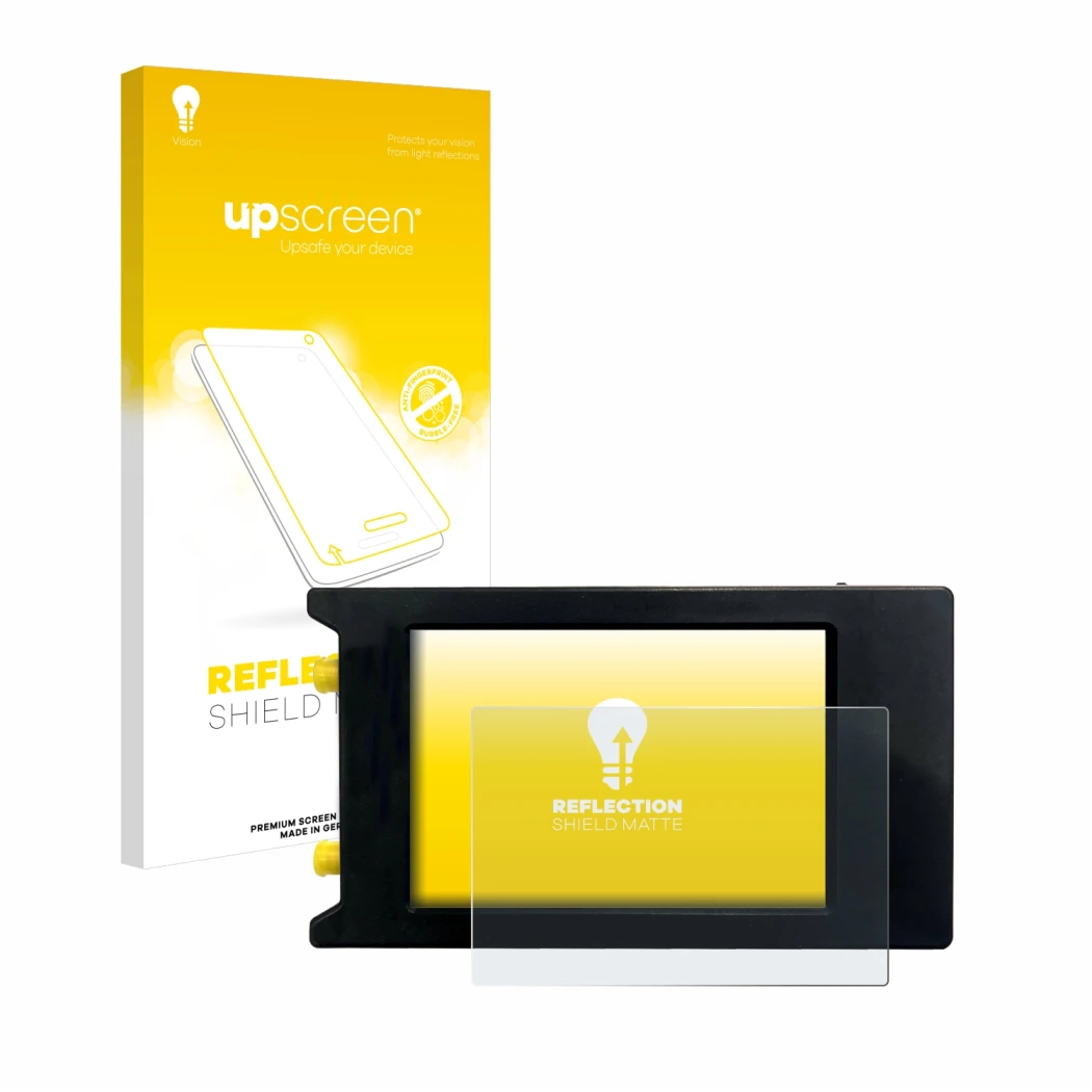 Parte frontal de un envase de producto con el logotipo de la marca upscreen. Al lado se muestra el dispositivo LiteVNA 64 con