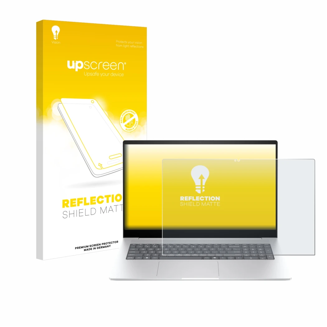 Parte frontal de un envase de producto con el logotipo de la marca upscreen. Al lado se muestra el dispositivo HP Envy 17 2024