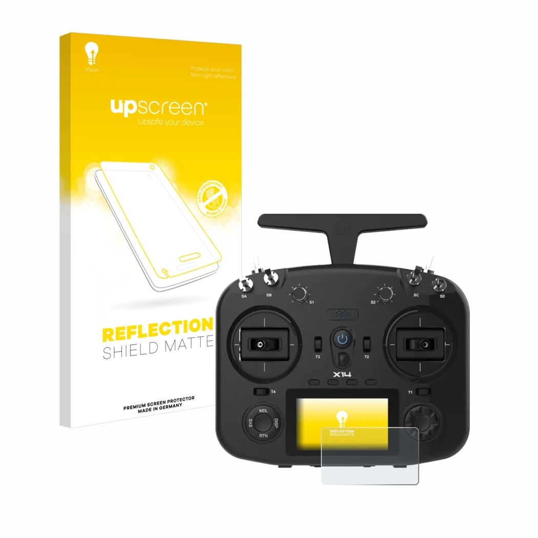 Parte frontal de un envase de producto con el logotipo de la marca upscreen. Al lado se muestra el dispositivo FrSky TWIN X14