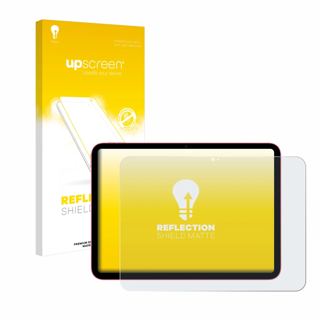 Parte frontal de un envase de producto con el logotipo de la marca upscreen. Al lado se muestra el dispositivo Apple iPad 10.9