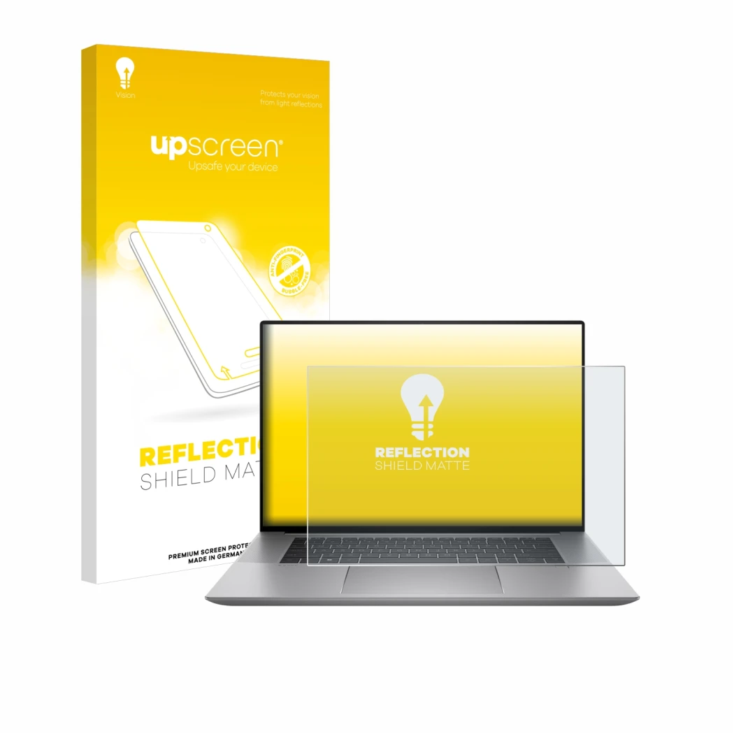 Parte frontal de un envase de producto con el logotipo de la marca upscreen. Al lado se muestra el dispositivo HP Zbook Studio