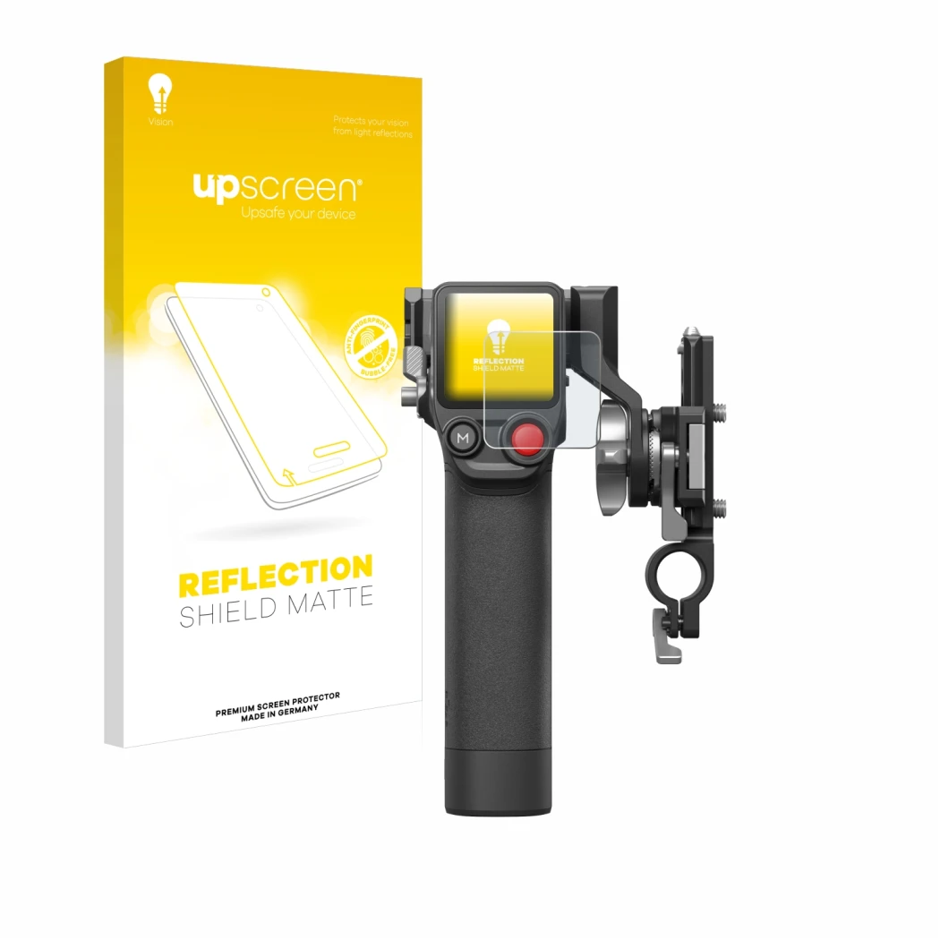 Parte frontal de un envase de producto con el logotipo de la marca upscreen. Al lado se muestra el dispositivo DJI Focus Pro-