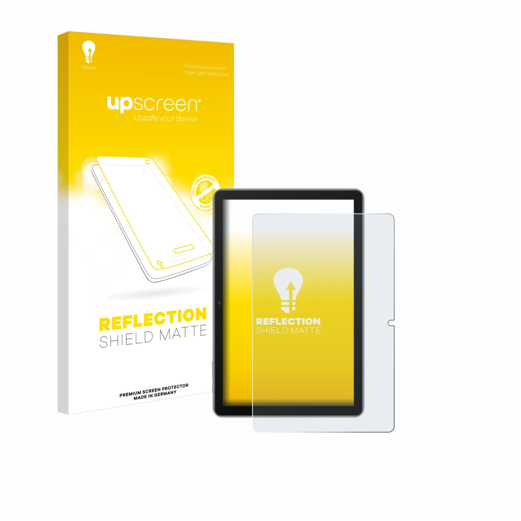 Parte frontal de un envase de producto con el logotipo de la marca upscreen. Al lado se muestra el dispositivo Blackview Tab 7