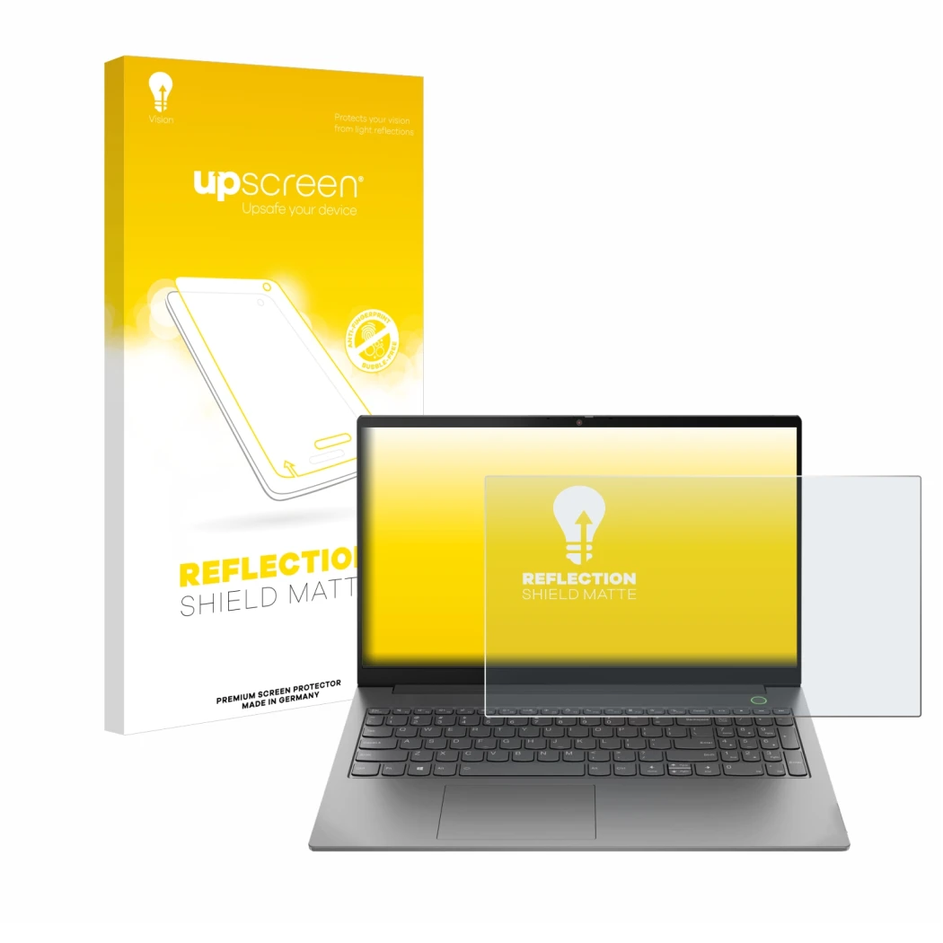 Parte frontal de un envase de producto con el logotipo de la marca upscreen. Al lado se muestra el dispositivo Lenovo ThinkBoo