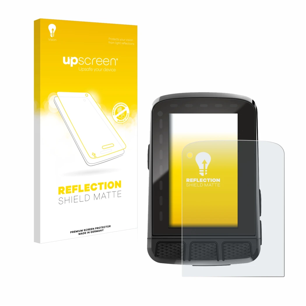 Parte frontal de un envase de producto con el logotipo de la marca upscreen. Al lado se muestra el dispositivo Wahoo Elemnt Ro